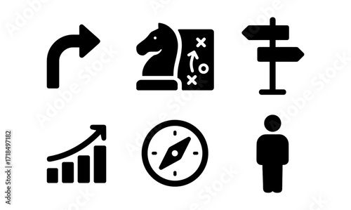 Business strategy icons: chess, navigation, sign, growth, directions