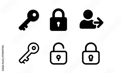 Secure access icons set: locks, keys, and user logout symbols in minimalist design