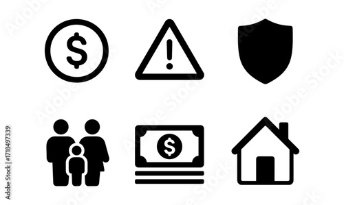 Essential icons: money, security, family, and home in simple bold style