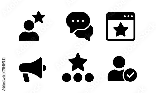 User experience icons: black silhouette set featuring star and communication symbols