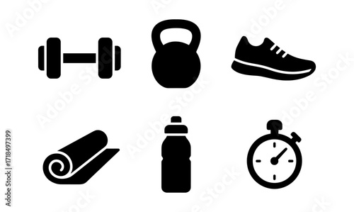 Fitness equipment icons: dumbbell, kettlebell, shoe, yoga mat, water bottle, stopwatch