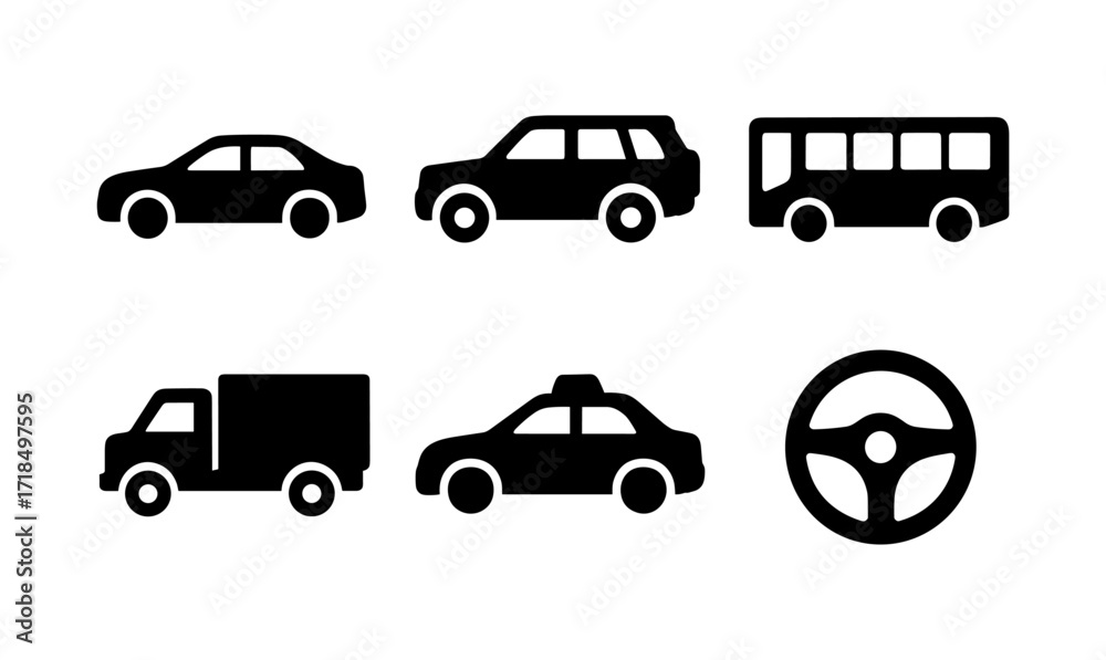 Fototapeta premium Silhouette icons of vehicles: cars, bus, truck, taxi, steering wheel