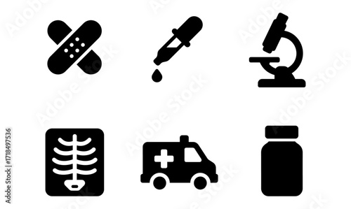 Essential medical icons set: bandage, dropper, microscope, x-ray, ambulance, medicine bottle