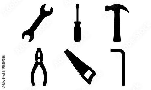 Silhouette icons of hand tools for construction and repair