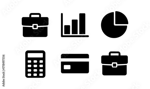 Business essentials icons: briefcase, chart, calculator, card in silhouette style