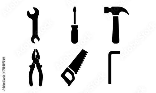 Silhouette icons of essential hand tools for diy and construction projects