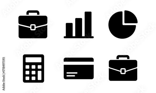 Business icons set: briefcase, growth chart, calculator, credit card, pie chart