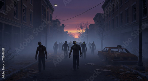 Group of zombies walking through an abandoned street, glowing eyes and eerie Halloween fog, unsettling vibe
