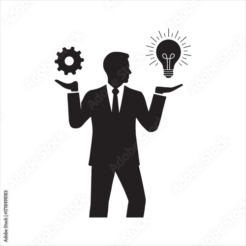 Businessman balancing idea lightbulb and gear cog representing innovation process and strategic thinking for business success and problem solving strategy