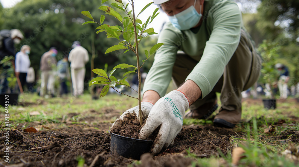 Fototapeta premium Hands planting and nurturing young trees in soil, symbol of environmental conservation, sustainability, and community involvement. Perfect for eco campaigns, NGO projects, CSR reports, and outdoor tea