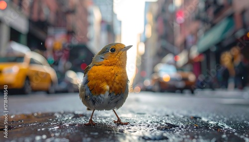 Fototapeta Naklejka Na Ścianę i Meble -  City bird on wet street, blurred background