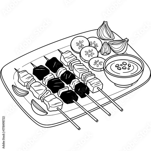 Grilled skewers with vegetables and dip in black and white