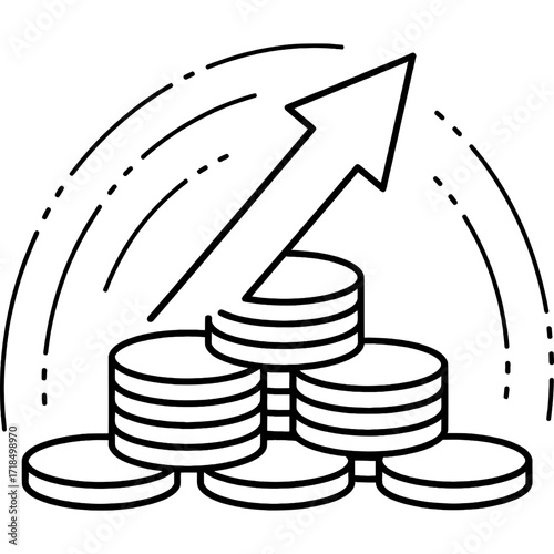 Vector icon of increasing profit with stacked coins and an upward arrow symbolizing financial growth and success