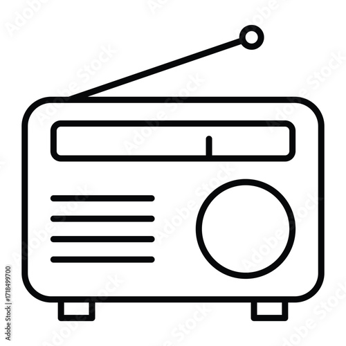 Radio vector icon. Black line art of retro portable radio with antenna. Music and broadcasting symbol for audio, communication, or media design.