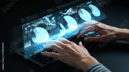 Harnessing the power of advanced AI for global business analytics on a futuristic transparent computer screen with interactive data visualization