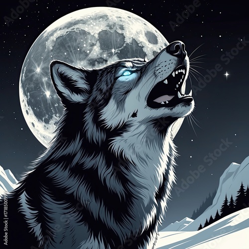 A wolf howling at the moon, rendered in black and ash gray