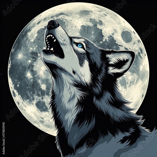 A wolf howling at the moon, rendered in black and ash gray