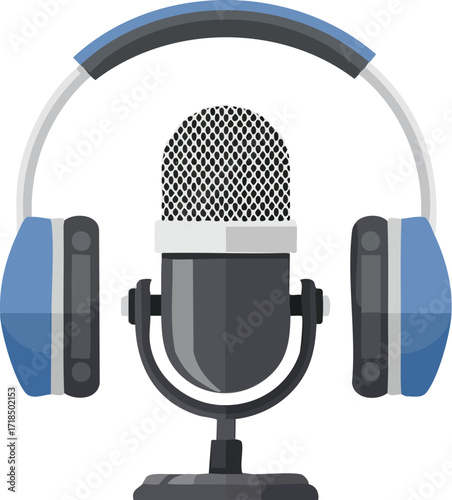 A professional studio microphone with headphones. A vector icon for recording, podcasting, broadcasting, and audio production. Generative AI