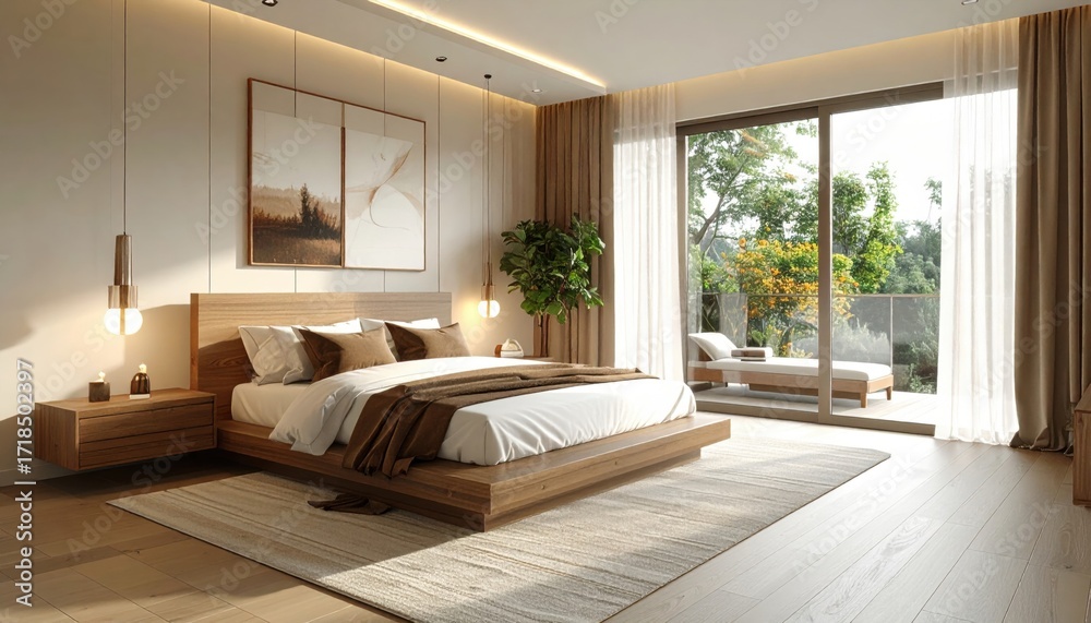 Fototapeta premium Ultra realistic render of a modern minimalist bedroom, soft cinematic lighting, warm