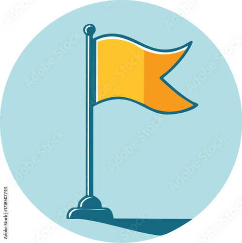 A simple icon of a yellow flag in a hole on a golf course. A vector symbol for the sport of golf, success, and reaching a goal. Generative AI