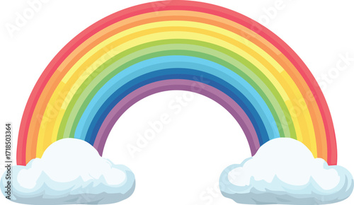 A cute, colorful cartoon rainbow arching between two fluffy clouds. A simple vector illustration for concepts of hope, luck, and happiness. Generative AI