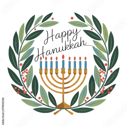 Happy hanukkah wreath with menorah and candles isolated on white background