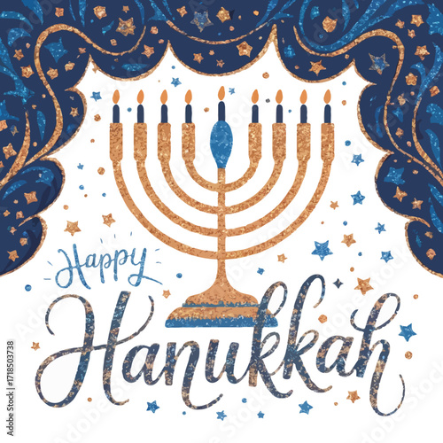 Happy hanukkah menorah with ornate blue swirls isolated on white background