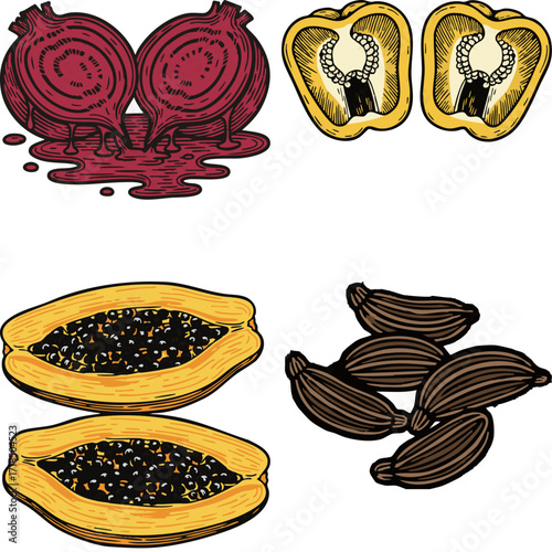 linocut print style fruits & plants