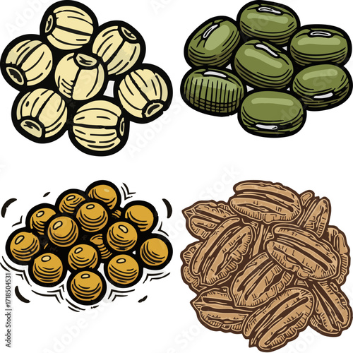 linocut print style fruits & plants
