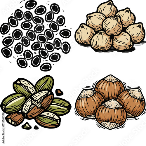 linocut print style fruits & plants
