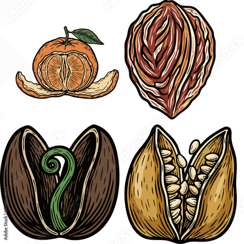 linocut print style fruits & plants