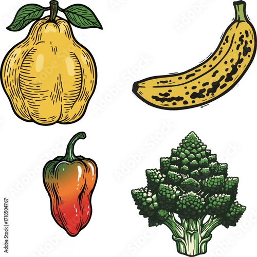 linocut print style fruits & plants