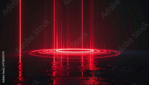 Glowing red rings and beams on dark floor