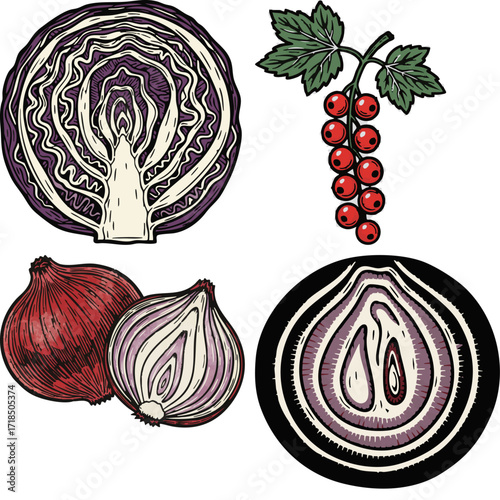 linocut print style fruits & plants