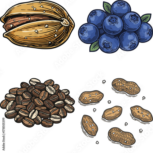 linocut print style fruits & plants
