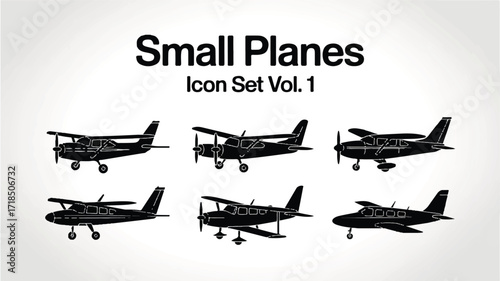 A black and white icon set of small planes on a white background 
