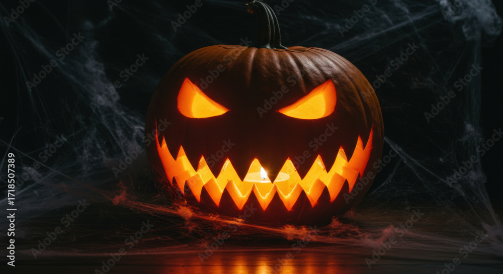 Fototapeta premium Halloween pumpkin with a spooky face carved into it, glowing in a dark room filled with spider webs