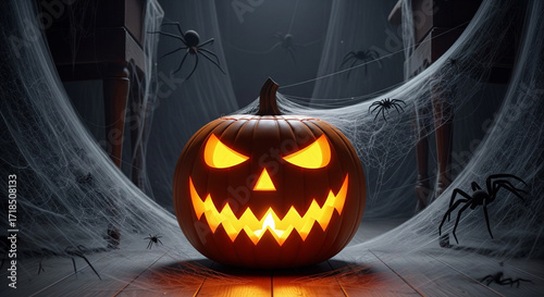 Pumpkin with a spooky face carved into it, glowing in a dark room filled with spider webs 