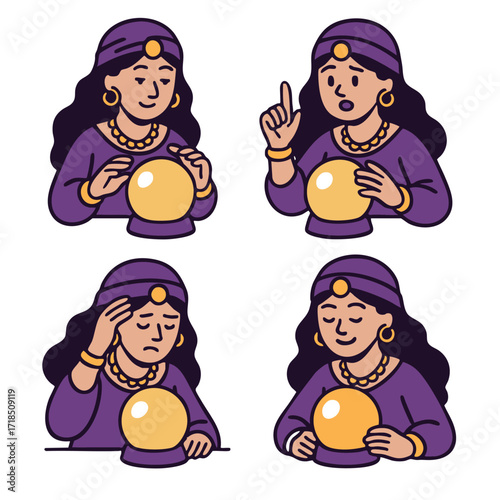 Fortune teller woman, crystal ball, purple dress, gold jewelry, four emotional expressions