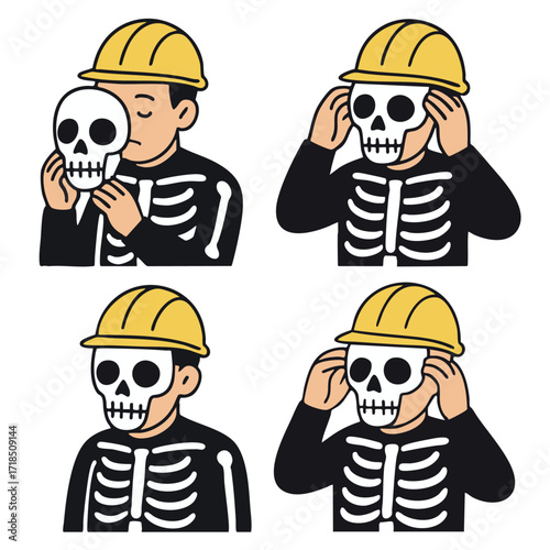 Skeleton worker hard hat costume mask cartoon illustration safety humor Halloween