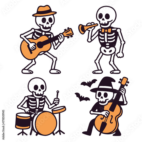 Skeleton guitar hat, skeleton trumpet, skeleton drum, skeleton double bass witch hat bats