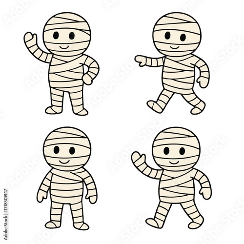 Cartoon mummy character, cute, happy, waving, walking, simple line art, white background