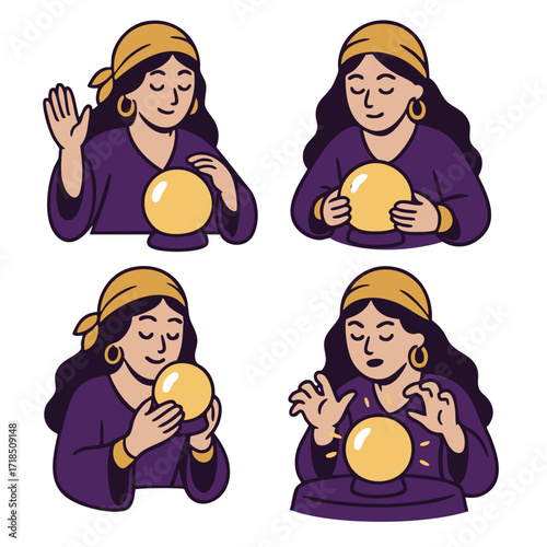 Fortune teller woman, headscarf, gold earring, purple dress, crystal ball, mystical
