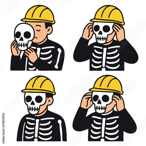 Skeleton costume worker wearing yellow helmet, putting skull mask, cartoon illustration