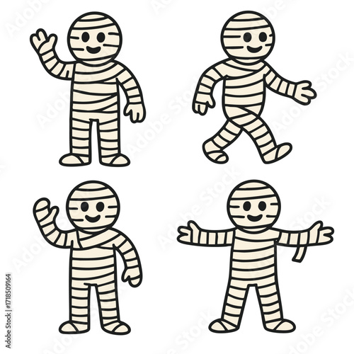 Cartoon mummy bandage character waving walking happy cute Halloween illustration