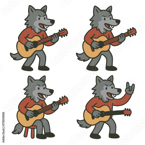 Cartoon wolf guitar music standing sitting happy playful animal character illustration