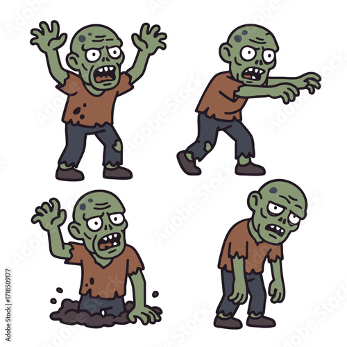 Cartoon zombie green skin tattered shirt dark pants scary walking rising isolated