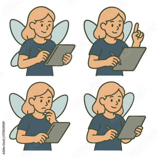 Fairy character with red hair using digital tablet, thinking, writing, and pointing