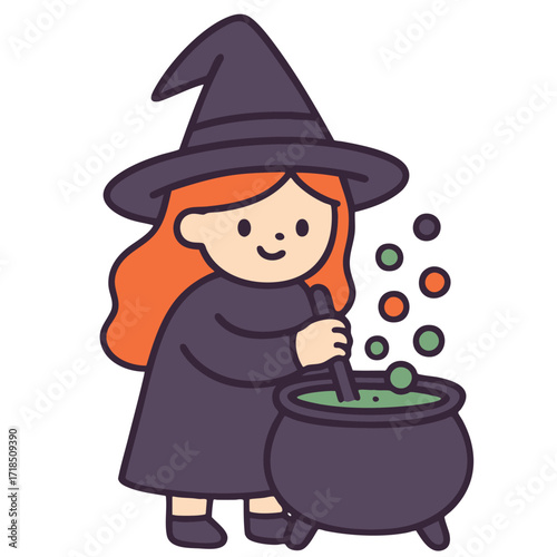 Cute witch, red hair, black hat, stirring green potion in cauldron, smiling, cartoon style