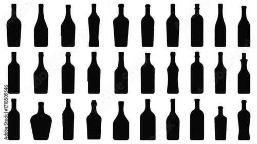 A black and white illustration of 24 different wine and liquor bottle silhouettes arranged in three rows (1)



